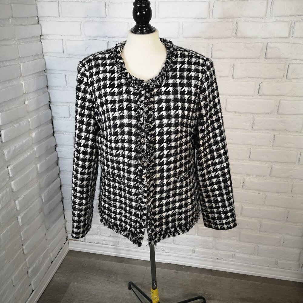 Denver Hayes Ladies Size XL Black & White Checkered Lined Fringed Blazer